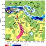 [Translate to English:] Calculated maximum principal stress directions for the depth of 50 km. The red dashes show the SKS splitting observations and show the fast seismic velocity azimuth averaged by collocated stations (compilation of Wüstefeld et al., 2009, and Becker et al., 2012; updated on 21 August 2017). The blue dashes show maximum principal stress direction from the World Stress Map data for the sources deeper than 15 km (Heidbach et al., 2018). The color map represents the normalized divergence of horizontal velocity vectors as an indicator of tectonic regime (extension-compression) at a depth of 50 km. (Petrunin et al., 2020)