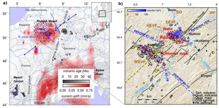 Tertiary and Quaternary volcanic fields of the Eifel together with major CO2 mineral springs with a large mantle helium fraction