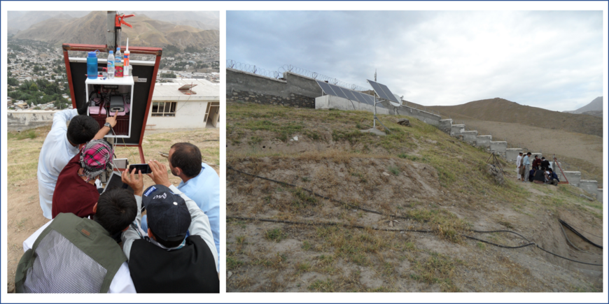 Right: Set-up of GPS-Infrastructure in the eastern part of Afghanistan by GFZ scientists in 2014/15 as part of the GFZ’s Central Asian Global Change Observatory. Left: GFZ-scientists teach their Afghan colleagues how to operate the stations.