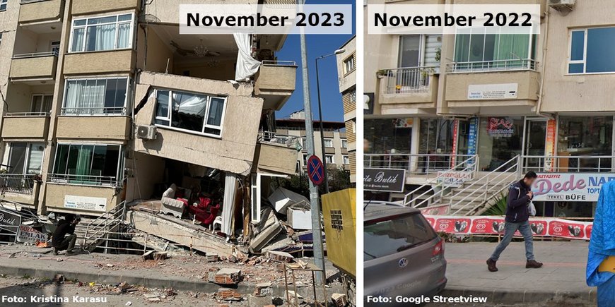 Links: Ein mehrstöckiges Haus, das zum Teil eingestürzt ist. Rechts: Dasselbe Haus im November 2022 noch unversehrt.