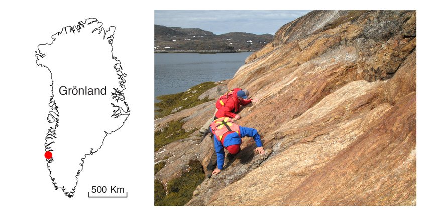 Picture left: Map of Greenland. Marked in the south-west: the location of the Maniitsoq crater. Picture right: Three explorers in red jackets climbing on flat yellow rocks. Behind them the sea and another rocky landscape.