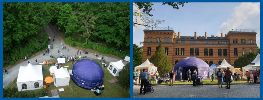 Zwei Ansichten der aufblasbaren Planetariumskuppel: Aus der Höhe und vor dem Gebäude der Historischen Bibliothek.
