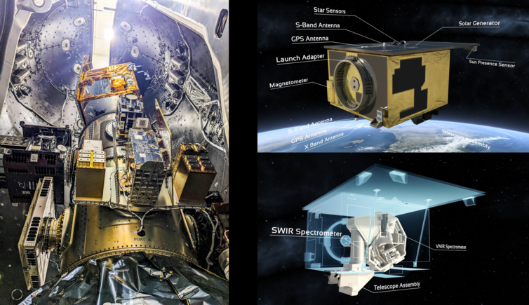 Der EnMAP-Satellit an der Spitze der Falcon 9 Rakete – zusammen mit 39 Kleinst-Satelliten (links). Die wichtigen Elemente des Satelliten – für den Betrieb (oben) und die Messungen (unten).