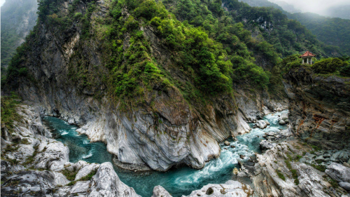 View into a gorge with a river in Taroko National Park