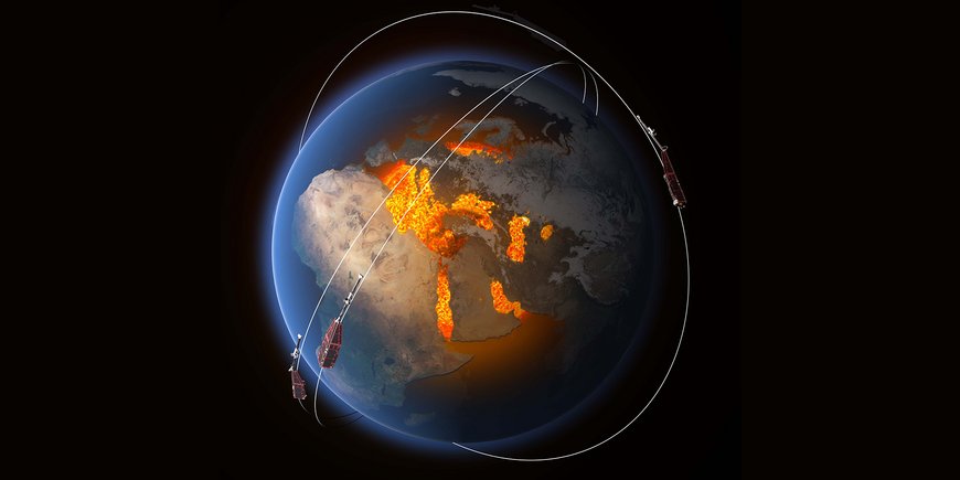 Swarm satellites in their orbits. Inside the earth, you can recognise the hot core of the earth.