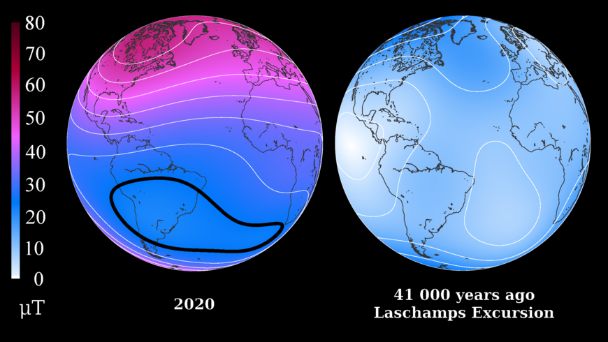 Gegenwärtige geomagnetische Feldstärke an der Erdoberfläche (2020) und vor 41.000 Jahren