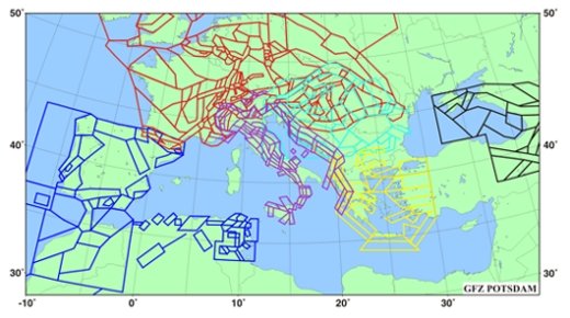 Seismic source zones as they were used for seismic hazard assessments in the GSHAP Region 3 as well as in the Mediterranean