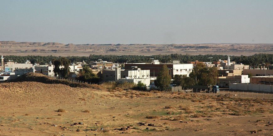 A green oasis town in the brownish desert.
