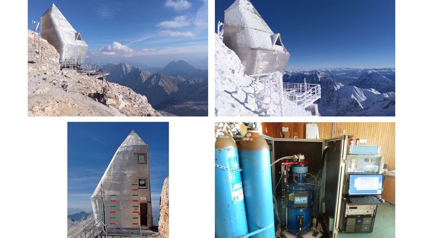 Das 4teilige Foto zeigt ZUGOG im Sommer und im Winter sowie das Schneemonitoring und das Supraleitgravimeter OSG 052 im ZUGOG.