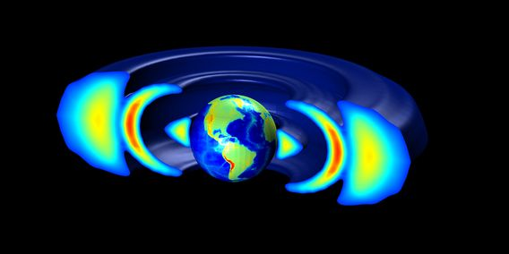 Earth's radiation belt: High-energy particles modelled around the Earth. The particles are ring-shaped