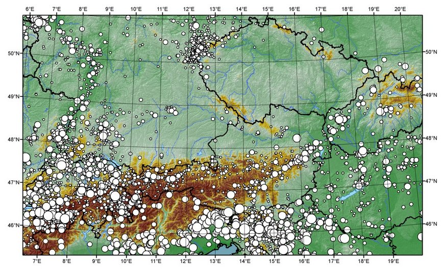 Epizentrenkarte anhand des Erdbebenkataloges von Grünthal & Wahlström (2003), ergänzt hinsichtlich der Daten bis 2005.