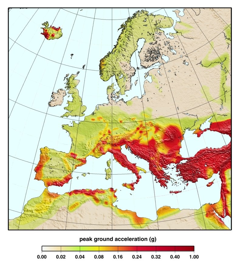 Peak ground acceleration GSHAP map for a 90% non-exceedence probability within 50 years. From data in Grünthal et al. (1999b).