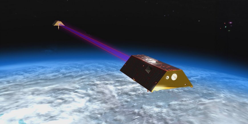 Rendering of two satellites, with a colored line in between, orbiting the earth.
