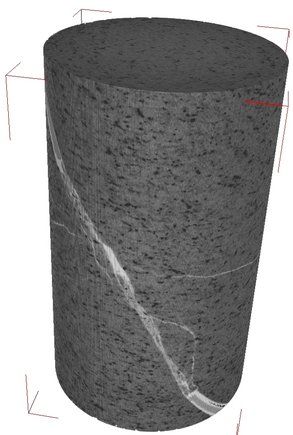 Solid cylindrical sample shown in grey with a diagonal crack.