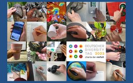 Collage of photos: Diverse hands are shown with a gesture or a tool that is typical of their work and commitment at the GFZ.