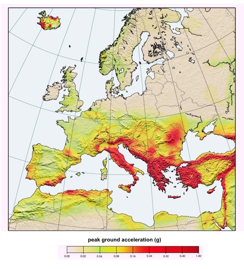 Peak ground acceleration SESAME map (Jimenez, Giardini and Grünthal, 2003) for a 90% non-exceedence probability within 50 years