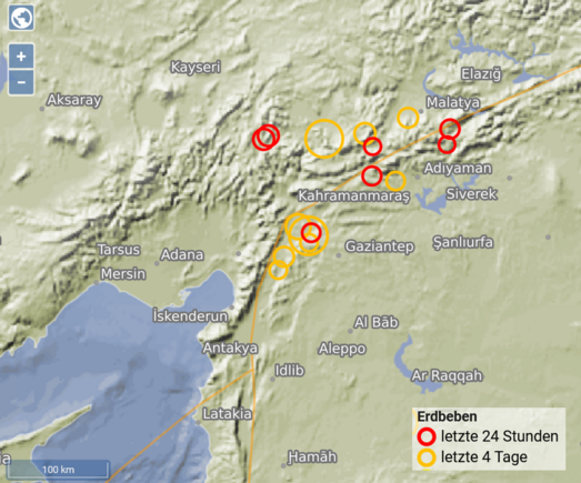 Map of south-east Turkey with marked earthquakes