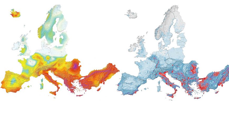 Two maps of Europe: on the left, areas with high seismic risk are marked in red, on the right, areas with high seismic risk.
