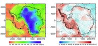 Links: Tiefe der Lithosphäre-Asthenosphäre-Grenze; Rechts: Geothermischer Wärmefluss mit den überlagerten Standorten subglazialer Vulkane (Haeger et al., 2022, in rev.)
