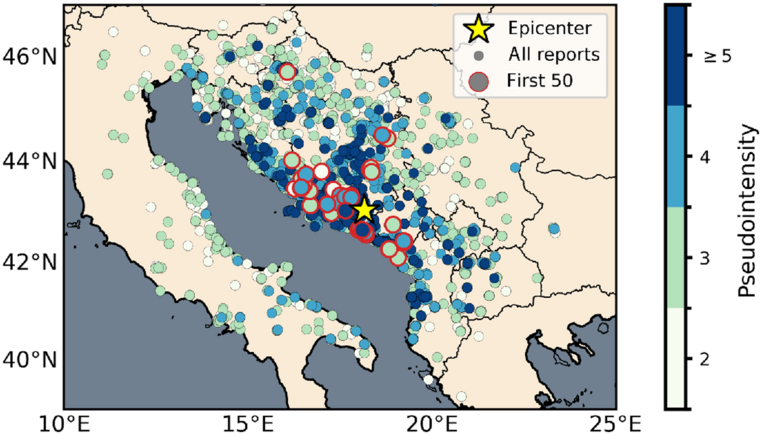 A map of Bosnia and Herzegovina with its surroundings colourfully shows the locations from which people submitted reports of the earthquake on 22 April 2022 to the LastQuake database.