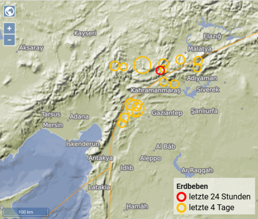 Karte Südosten der Türkei mit markierten Erdbeben