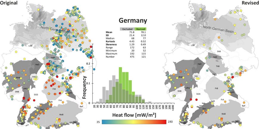 2 Deutschlandkarten im Vergleich: einmal mit allen verfügbaren Datenpunkten zum Wärmestrom, einmal nur qualitätsgeprüfte Datenpunkte
