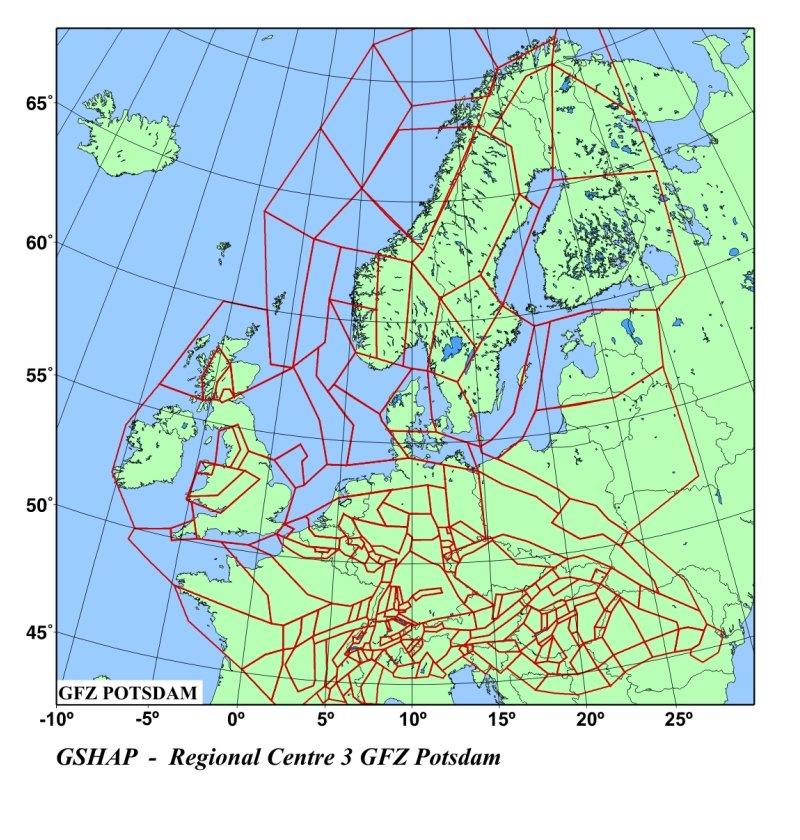 Seismische Quellregionen für die GSHAP-Region 3 basierend auf seismotektonischen Kriterien und der Verteilung der Seismizität.