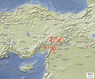 Map of south-east Turkey with marked earthquakes