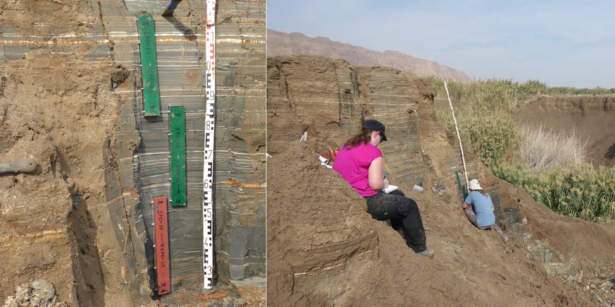 Sampling laminated lacustrine sediments of Late and mid-Holocene age at Ein Feshkha in 2018.