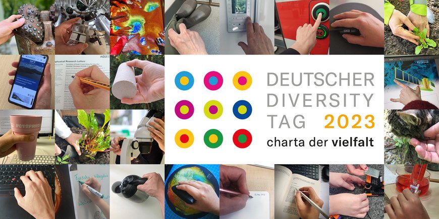 Collage aus Fotos: Abgebildet sind diverse Hände mit einer Geste oder einem Werkzeug, das für die Arbeit und das Engagement am GFZ typisch ist. Dazu das Logo vom Deutschen Diversity Day 2023