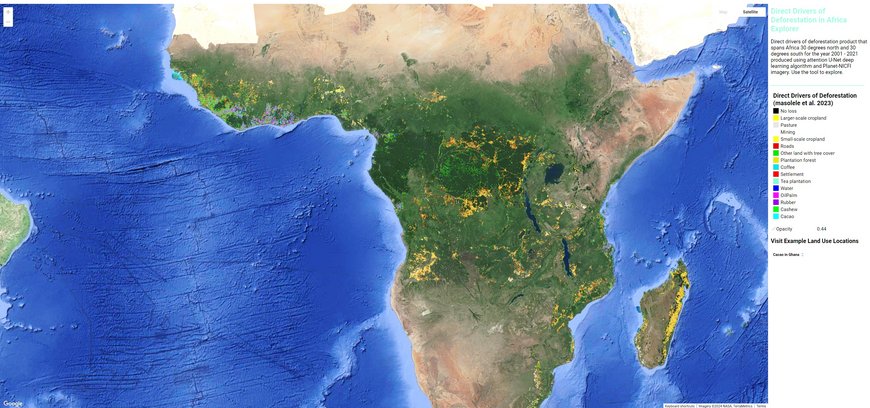 Section of the world map focussing on Africa. Many colourful dots mark the location and type of different forms of land use after deforestation. Right: Legend of the map.