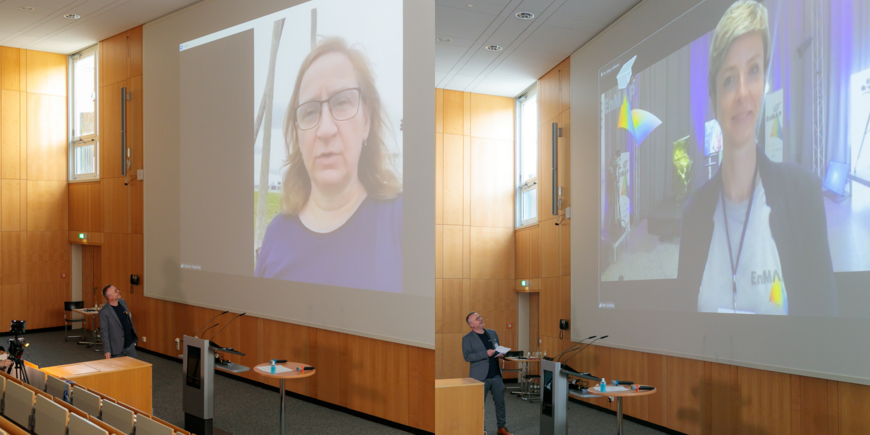 Sabine Chabrillat ist auf der Leinwand zu sehen - zugeschaltet über ihr Smartphone aus Florida. Rechts: Aus Bonn ist Anke Schickling über Video zugeschaltet.