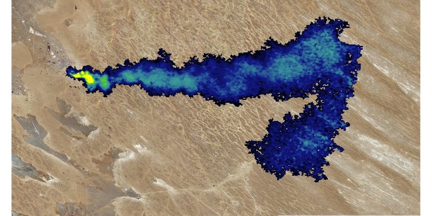 Satellitenaufnahme: In blau eingefärbt eine Wolke Methan die von einer kleinen Quelle ausgeht.