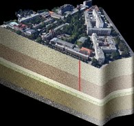 Schematische Darstellung der Forschungsbohrung unter dem TU Campus Charlottenburg (G. Blöcher, GFZ, unter Verwendung von Google Earth)