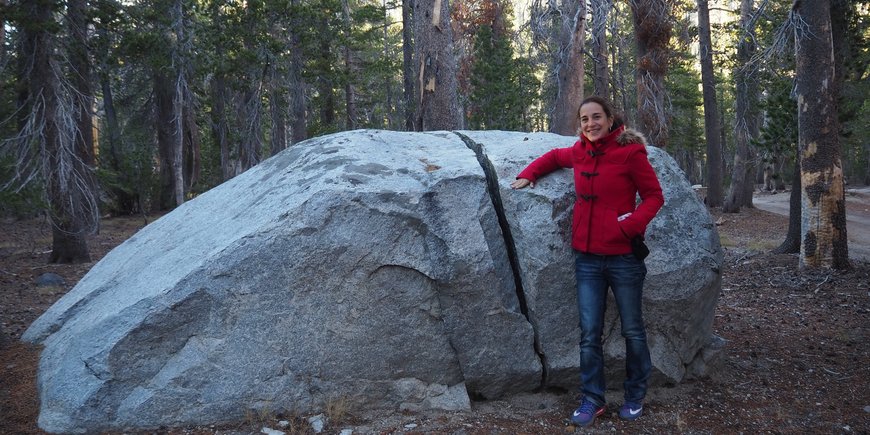 P. Martinez Garzon in a forest next to a giant split rock