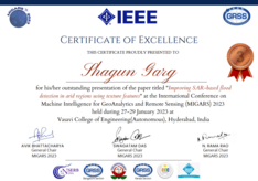 Certificate Outstanding Presentation Award of Shagun Garg for "Improving SAR-based flood detection in arid regions using texture features"a