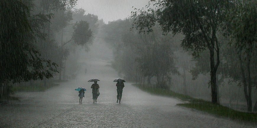 Three guys with umbrellas in a heavy rain.
