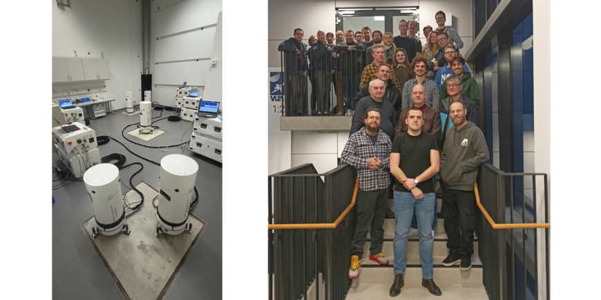 Left: In one laboratory, there are five barrel-shaped white measuring devices on concrete slabs, plus the electronic units in white, square containers with laptops on top. Right: Group photo of the workshop participants on a staircase in the institute