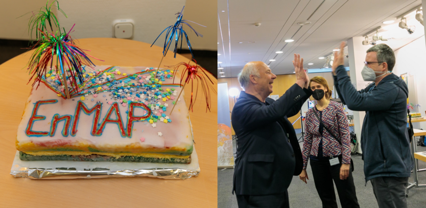 Left: Cake in EnMAP format and hyperspectral colours. Right: Three people standing together and rejoicing.