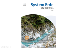 Cover of the new issue of System Earth; above GFZ logo and title "System Erde" in blue, below "GFZ-Journal" in black; below image of light blue river flowing through a stony landscape, text: "Resource, Regulator, Risk: Water in System Earth".