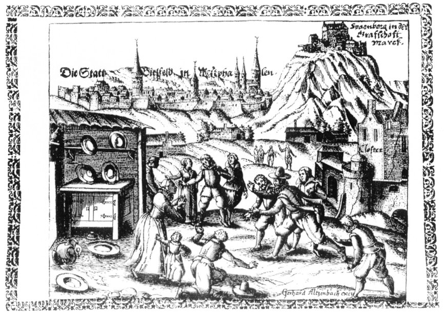 Das Beben 1612 von Bielefeld. Mauerrisse am Kloster und herabfallendes Geschirr nach einem zeitge­nössischen Kupferstich.