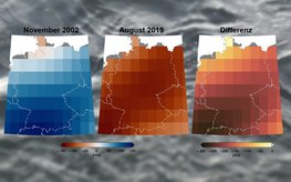 Three maps of Germany - with differently coloured measurement zones for water deficits. Left: November 2002, Middle: August 2019, Right: Difference.