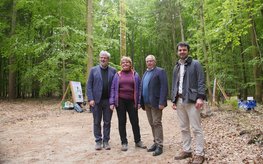 Four people on a forest path, trees in the background