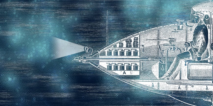 Zeichnung eines fiktiven, historischen Tauchbootes.