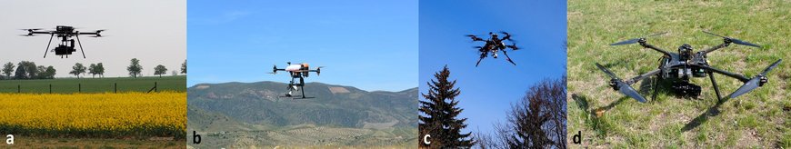 Hyperspektral-UAVs bei Messungen im Gelände: a) Octocopter "BFD XQ-1400S" mit SWIR-Kamera "HySpex Mjolnir S-620" und b) Octocopter "Copter Squad RTK-X8" mit VNIR-Kamera "Cubert UHD 185-Firefly" sowie GFZ-UAV-Eigenkonstruktionen c) Octocopter "GK-X8" beim Testflug und d) Quadrocopter "Hummel" vor dem Start