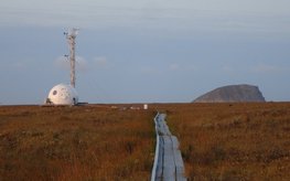 Links ein Messturm in niedrig bewachsener Tundralandschaft.
