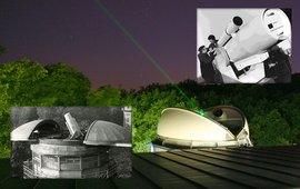 Teleskopförmige Laserapparaturen auf Dächern verschiedener Observatorien auf dem Telegrafenberg.