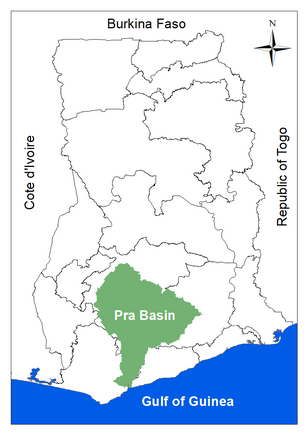 Karte von Ghana mit darin liegenden Wassereinzugsgebieten.