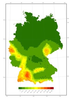Geschätzte Verteilung der mittleren Schadensrate (Prozentsatz) der Gemeinden in Deutschland für eine Nichtüberschreitenswahrscheinlichkeit von 90% in 50 Jahren.