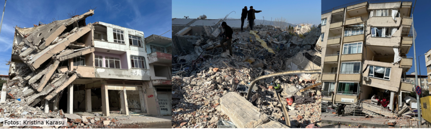 Three photos of destroyed houses in a town. Two people are standing on a pile of rubble.